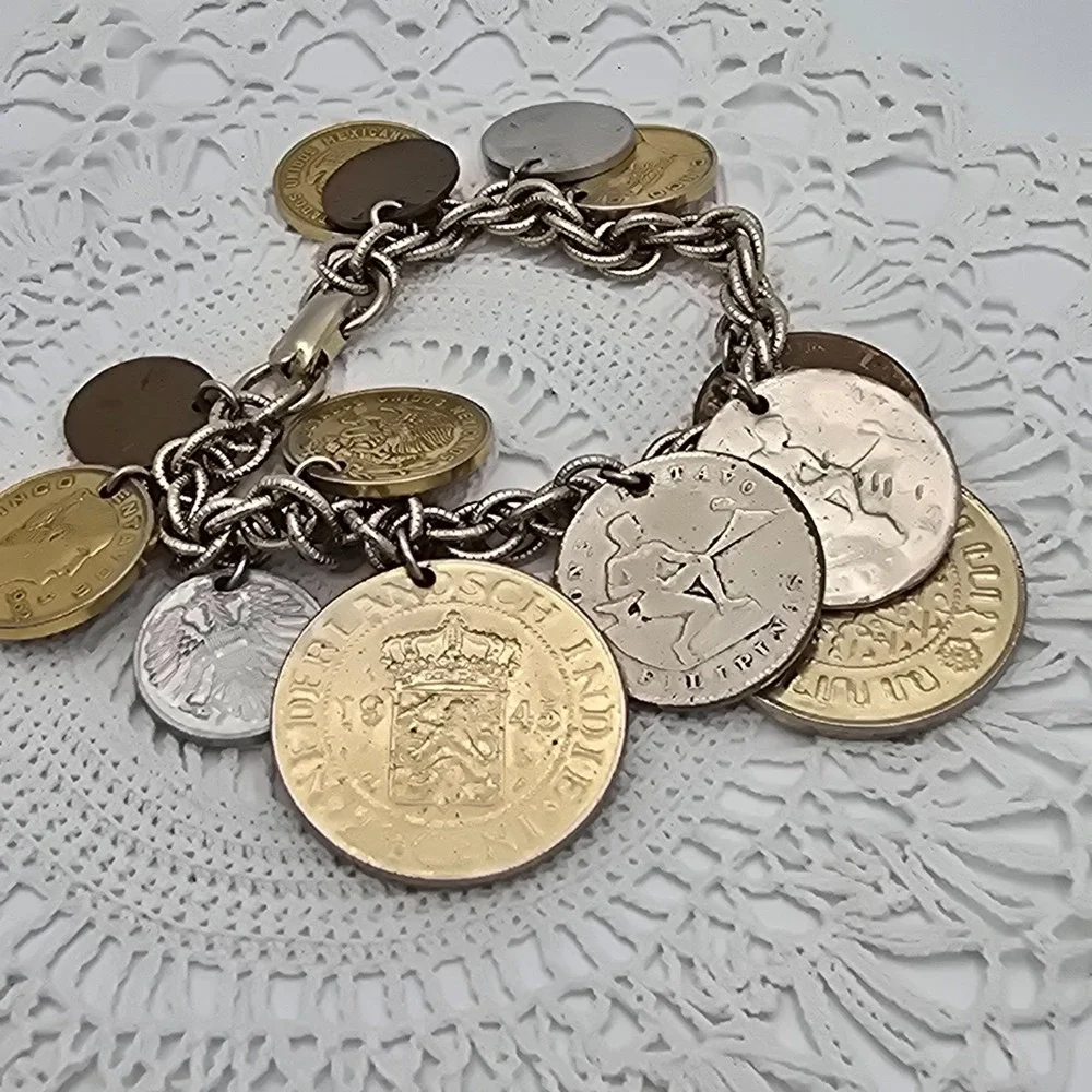 Vintage Coro Coin Charm Bracelet Mid Century Around the World Jewelry Full
